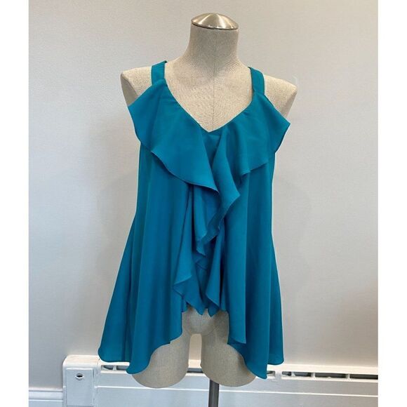 BCBGeneration Teal V-Neck Ruffle Tank With Black Lace Size S - Picture 2 of 5